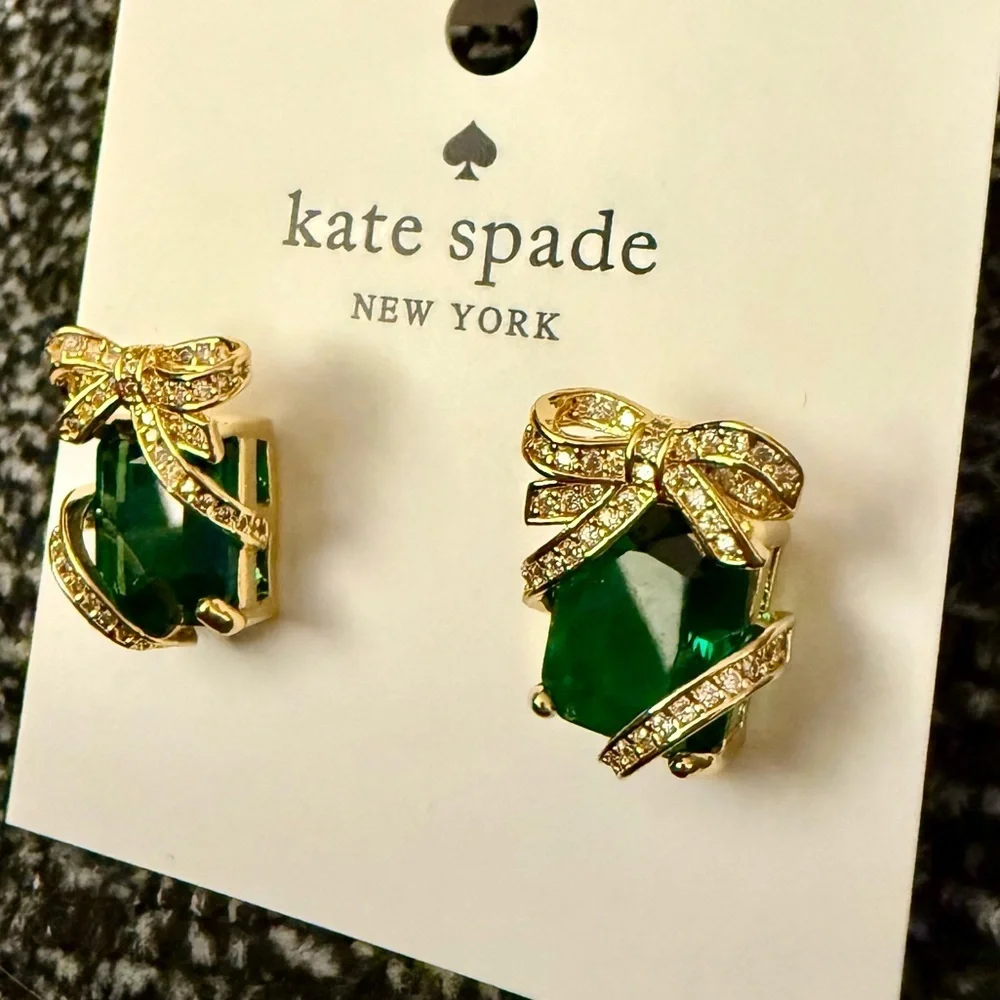 Authentic Kate Spade Emerald Green Crystal Bow Stud Earrings - NWT